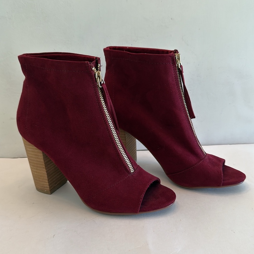 London Rag burgundy peep toe shoe boots faux suede stacked heel gold tone zipper